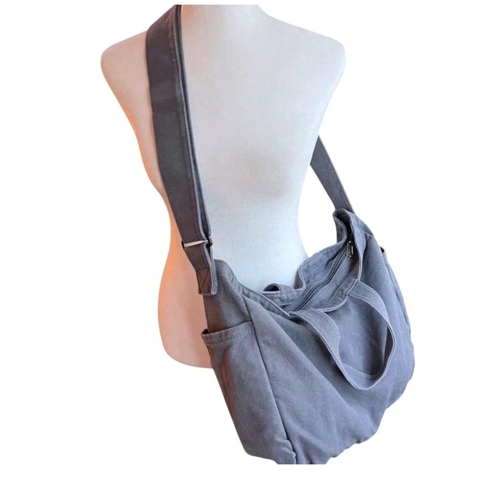 Unisex Gray Canvas Large Capacity Messenger / Crossbody Tote Bag - New